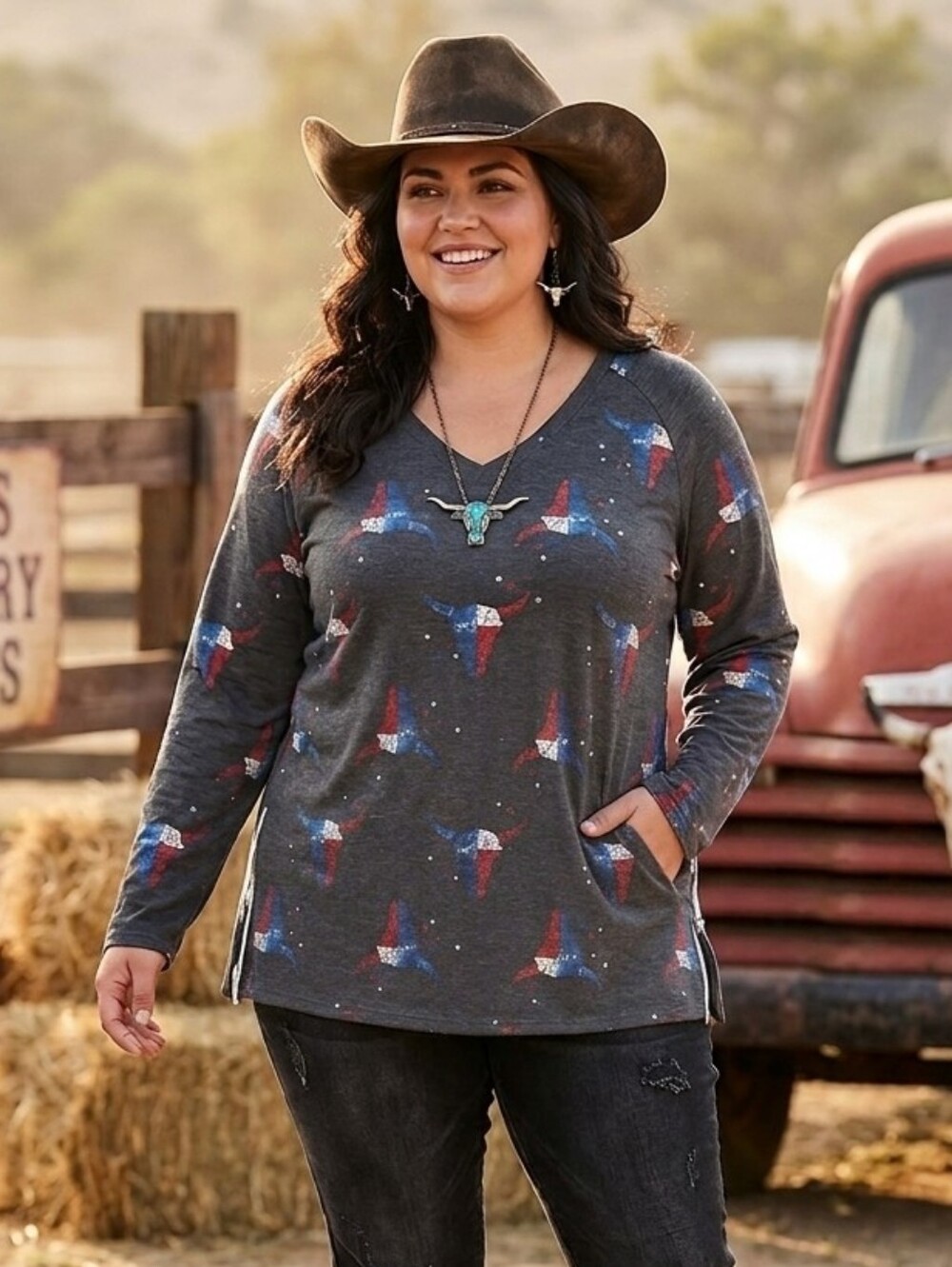 +Size Long-Sleeve V-Neck Tunic Top in Gray Red White Blue Texas Long Horn Bull